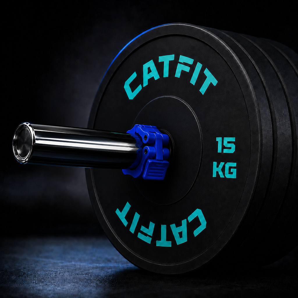 Par de collarines de seguridad CATFIT azules para barra olímpica de 50 mm, ideales para sujetar discos durante entrenamientos de fuerza.