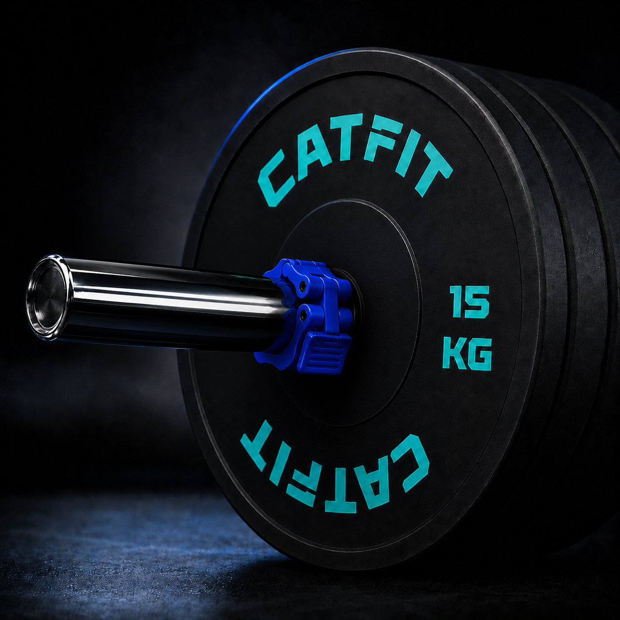 Par de collarines de seguridad CATFIT azules para barra olímpica de 50 mm, ideales para sujetar discos durante entrenamientos de fuerza.