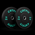 Par de discos bumper olímpicos CATFIT de 15 kg cada uno, color negro con letras turquesa y aro metálico