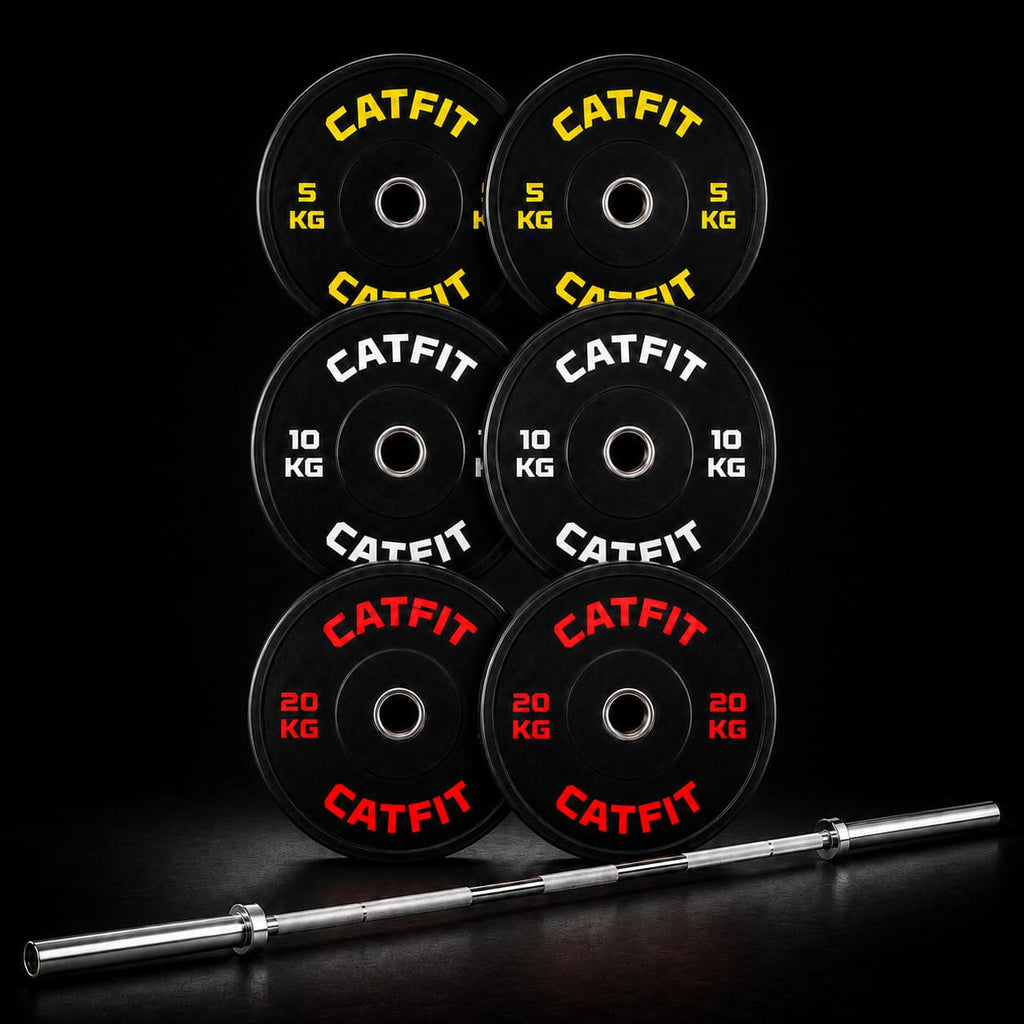 Pack CATFIT: barra olímpica 20 kg + discos bumper 70 kg + 2 seguros de barra. Todo lo que necesitas para partir tu home gym de una vez.