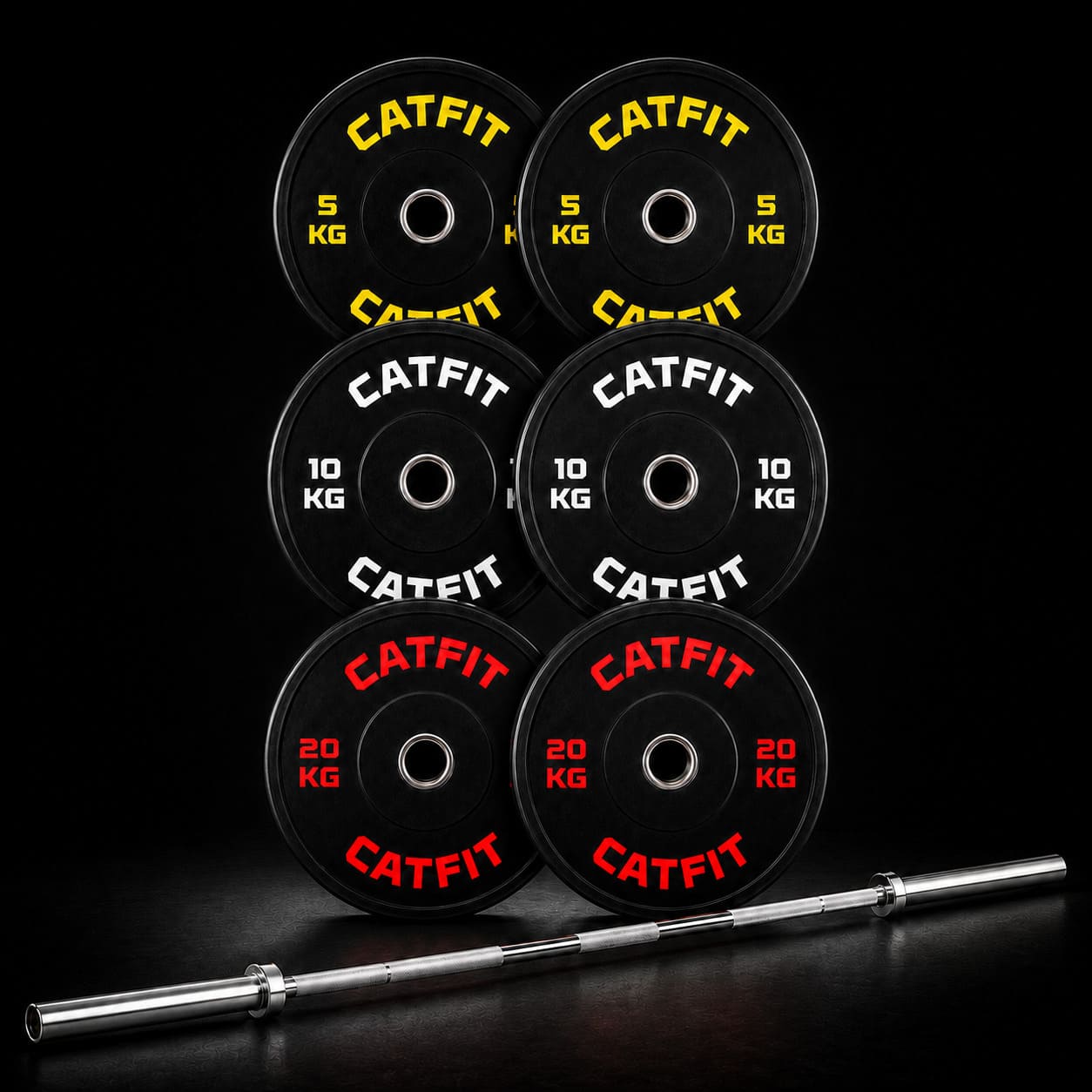Pack CATFIT: barra olímpica 20 kg + discos bumper 70 kg + 2 seguros de barra. Todo lo que necesitas para partir tu home gym de una vez.
