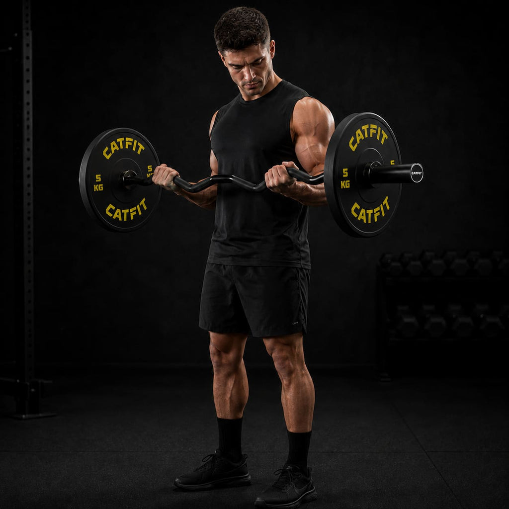 PACK CATFIT — BARRA CURL Z OLÍMPICA NEGRA + PAR DE DISCOS 5 KG + SEGUROS - catfit
