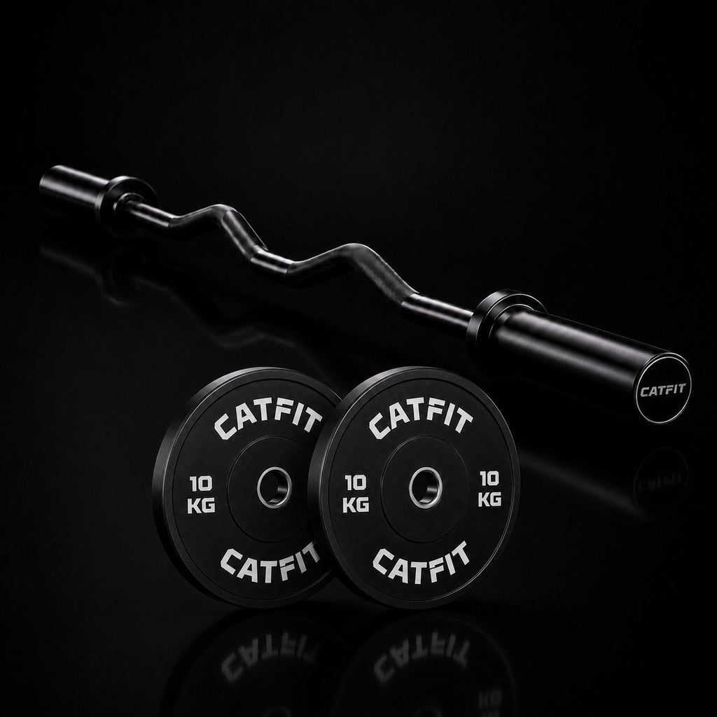 PACK CATFIT — BARRA CURL Z OLÍMPICA + PAR DE DISCOS 10 KG + SEGUROS - catfit
