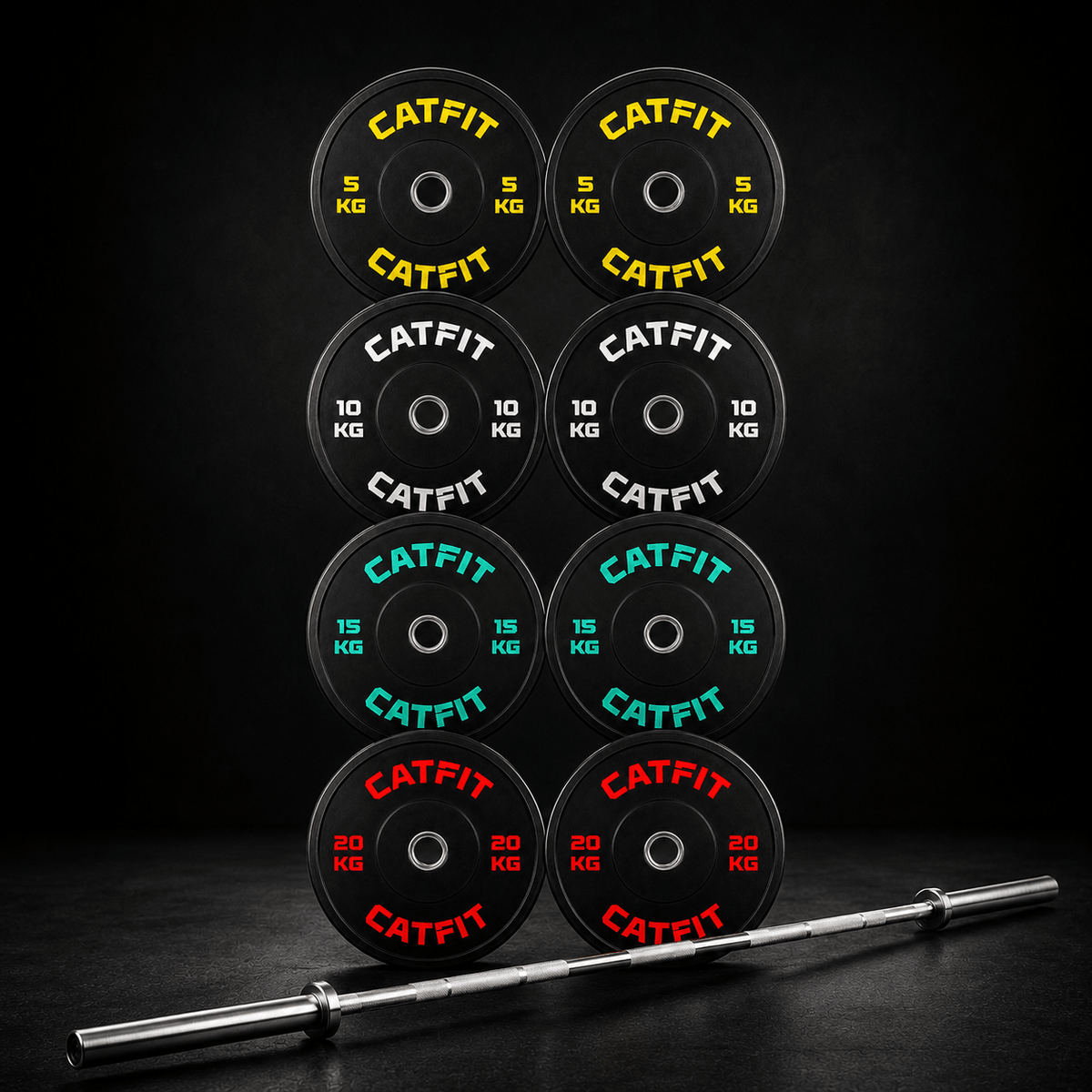 PACK DE DISCOS BUMPER OLÍMPICOS CATFIT — 100 KG + BARRA OLÍMPICA 20 KG - catfit