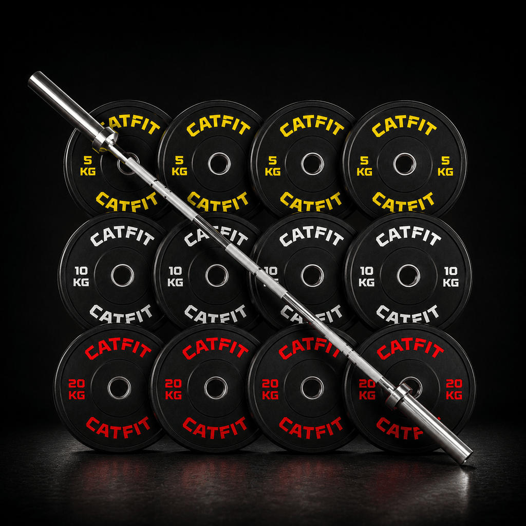 Pack de discos bumper olimpicos catfit 140 kg + barra olimpica de 20 kg 2.20 mts - catfit