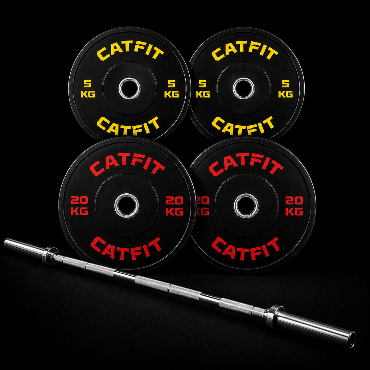 PACK DE DISCOS BUMPER OLÍMPICOS CATFIT — 50 KG + BARRA OLÍMPICA 20 KG - catfit