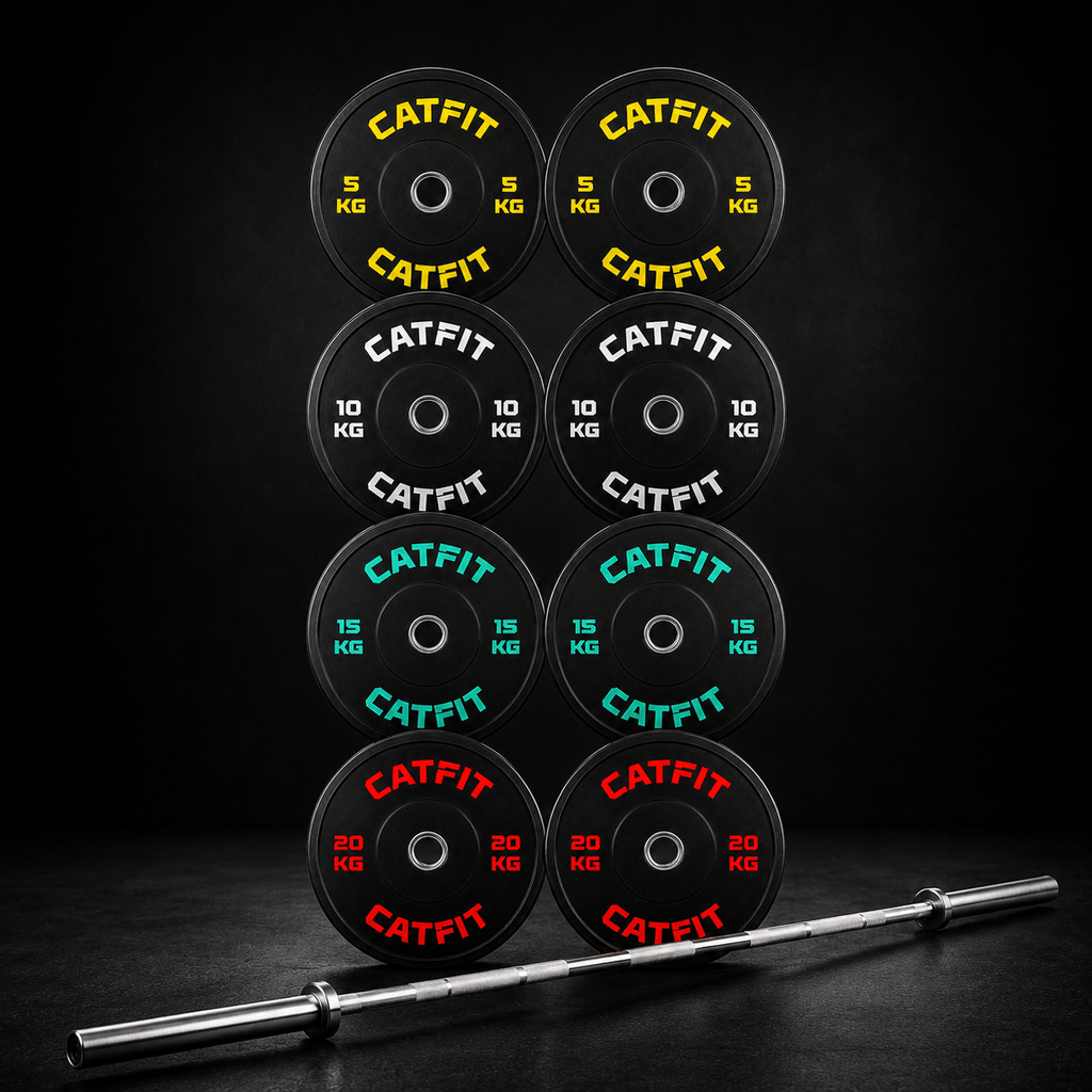 Pack de discos bumpers olimpicos catfit 100 kg + Barra olimpica de 20 kg 2.20 mts - catfit