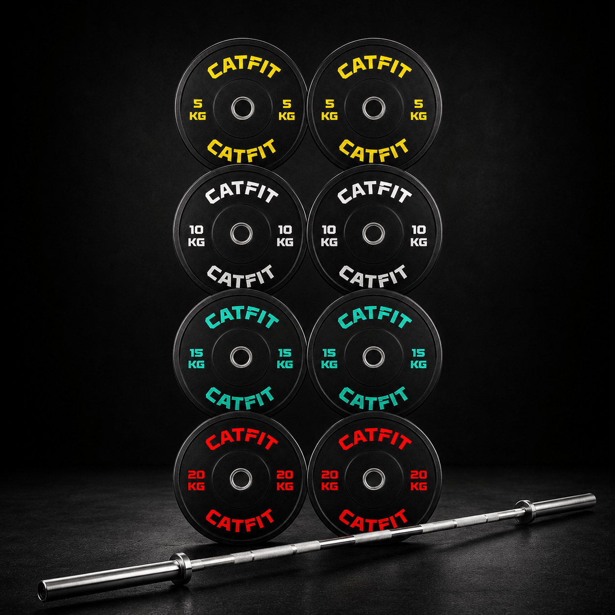 Pack de discos bumpers olimpicos catfit 100 kg + Barra olimpica de 20 kg 2.20 mts - catfit