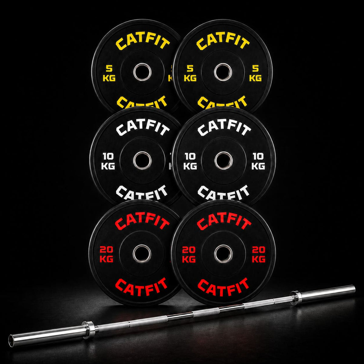 PACK DE DISCOS BUMPER OLÍMPICOS CATFIT — 70 KG + BARRA OLÍMPICA 20 KG
