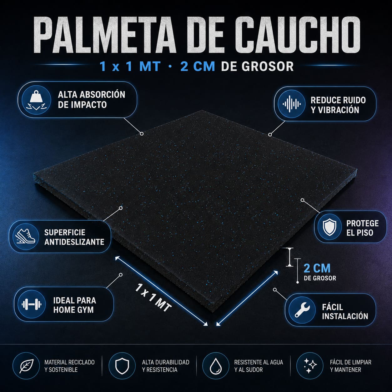 PALMETA DE CAUCHO CATFIT 1X1 M – 20 MM | PISO PARA GIMNASIO