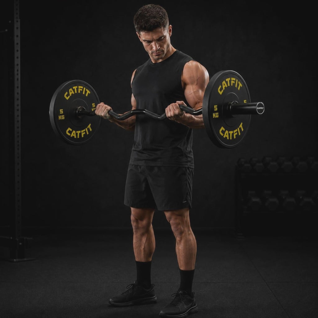 PACK CATFIT — BARRA CURL Z OLÍMPICA NEGRA  + PAR DE DISCOS 5 KG + SEGUROS