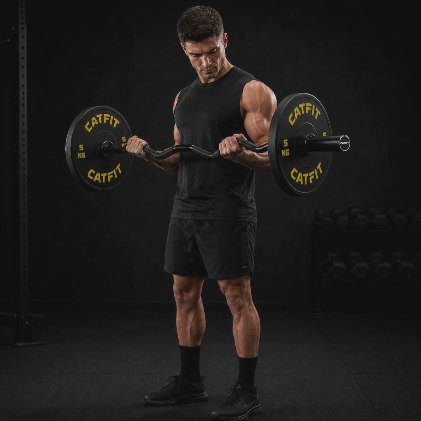 PACK CATFIT — BARRA CURL Z OLÍMPICA NEGRA  + PAR DE DISCOS 5 KG + SEGUROS